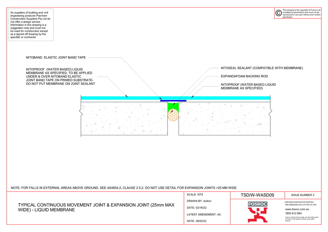  Image of TSD-W-WASD09 - TYPICAL CONTINUOUS MOVEMENT JOINT AND EXPANSION JOINT (25mm MAX WIDE) - LIQUID MEMBRANE