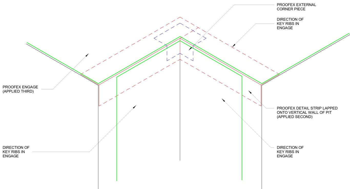  Image of TYPICAL EXTERNAL WATERPROOFING DETAIL WITH PROOFEX ENGAGE - CORNER AT TOP OF LIFT PIT WALL