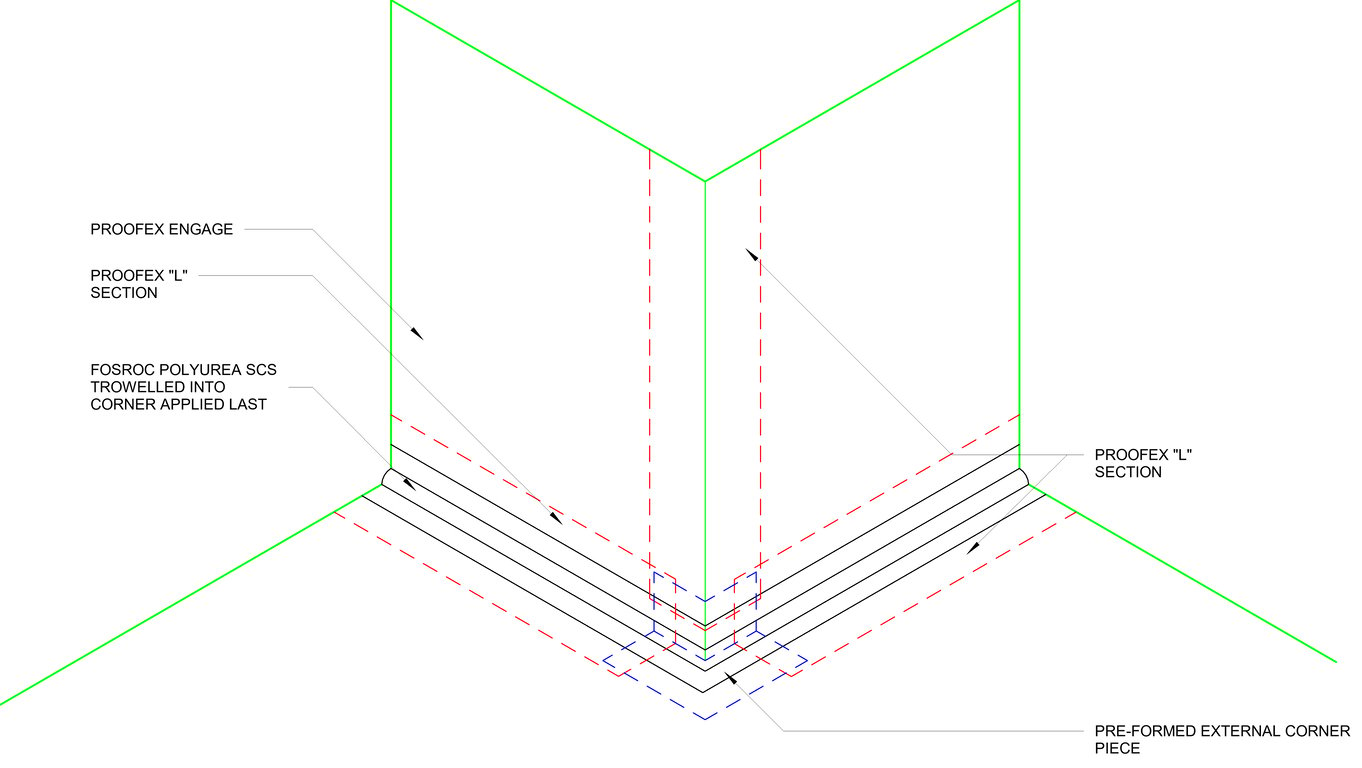 TYPICAL EXTERNAL WATERPROOFING DETAIL WITH PROOFEX ENGAGE - EXTERNAL CORNER