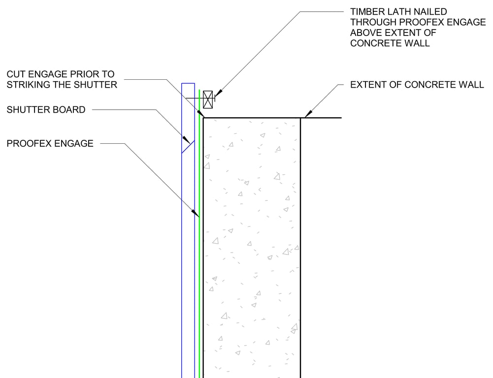 Navigate to TYPICAL EXTERNAL WATERPROOFING DETAIL WITH PROOFEX ENGAGE - FIXING DETAIL ABOVE EXTENT OF CONCRETE WALL