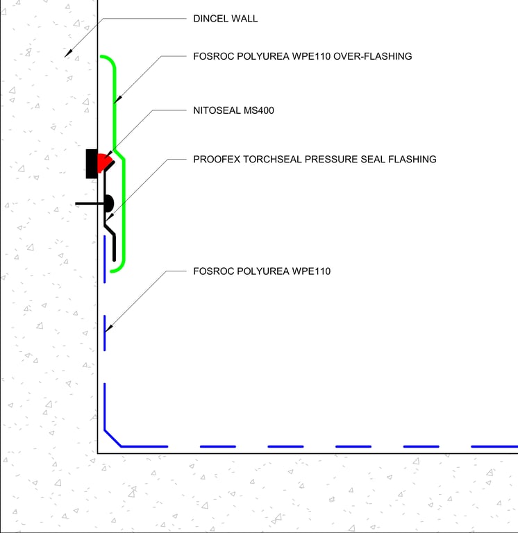  Image of VERTICAL UPWARD TERMINATION - DETAIL OF OVERFLASHING (PRESSURE SEAL - POLYUREA ON DINCEL WALL)