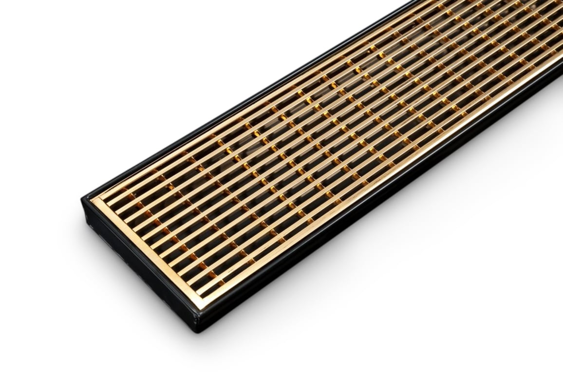 Heelguard Ideal Drain with Brass Plated Econoline.jpg Image of Drain Channel Heelguard IdealDrain 50mmWide