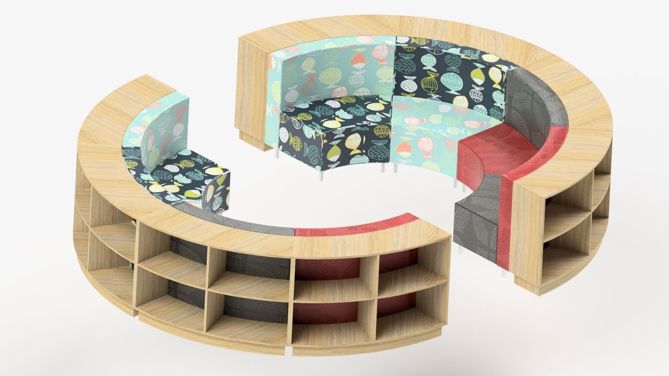 2H_Custom Wave Module WITH BOOK SHELVES2.jpg Image of Shelving Library IntraSpace Wave 2Tier Seating
