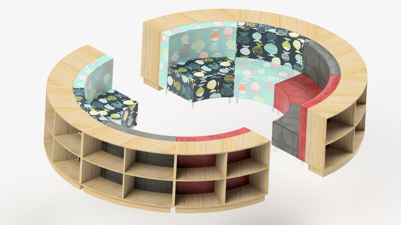 2H Custom Wave Module WITH BOOK SHELVES2 Image of Shelving Library IntraSpace Wave 2Tier Seating