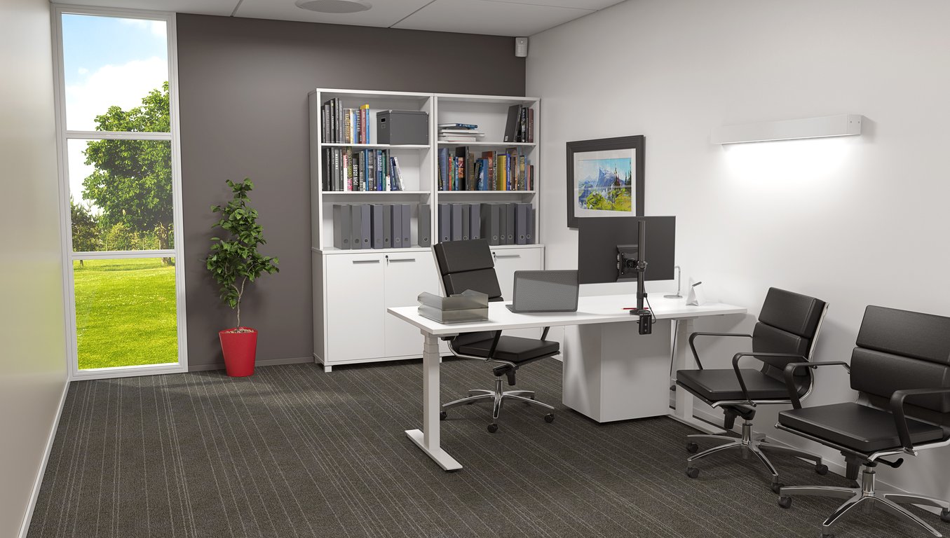 Agile 3Stage Electric White Executive Render.jpg Image of Desk Adjustable IntraSpace 3Column Double