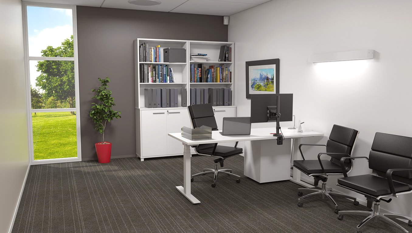 Agile 3Stage Electric White Executive Render Image of Desk Adjustable IntraSpace 3Column Double