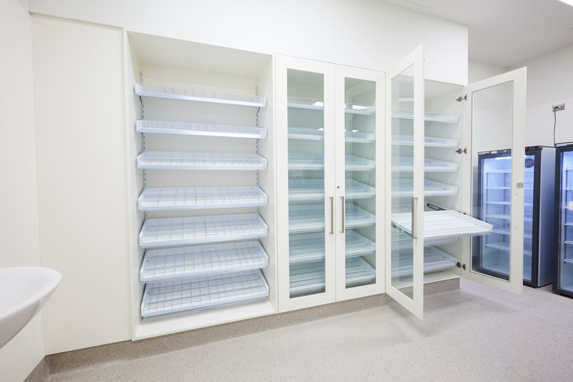 Full Height Wall Pharmacy Shelving Image of Shelving WallMount IntraSpace IntraMed Pharmacy FullHeight