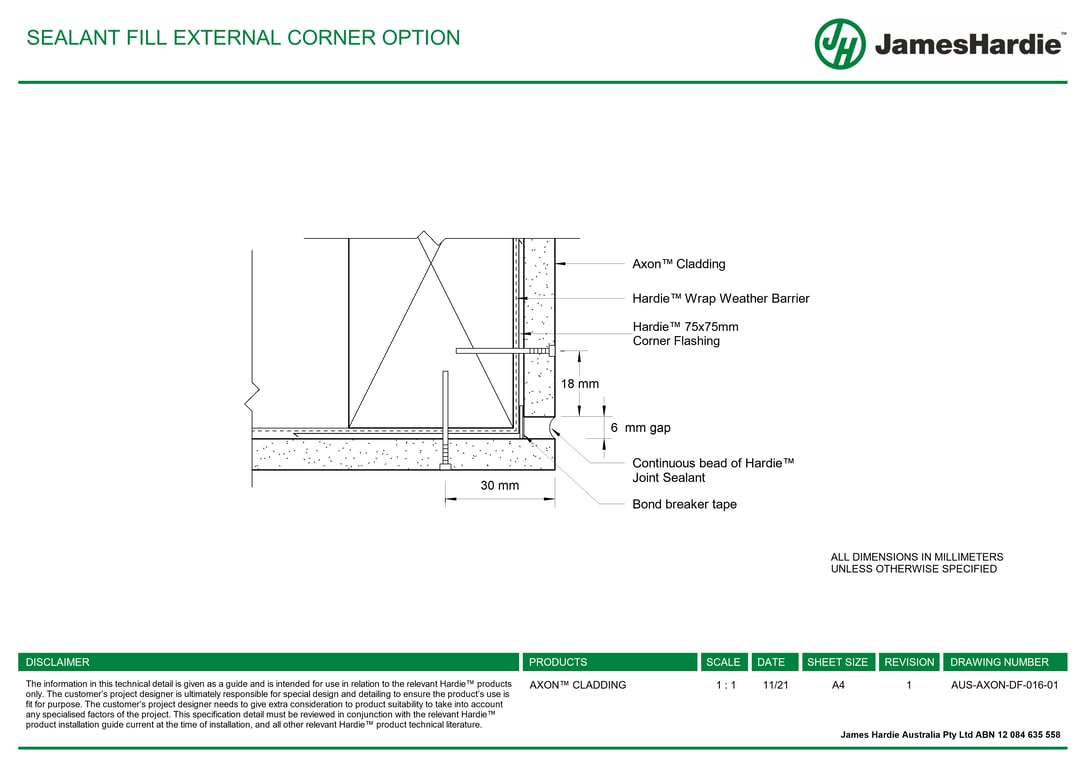 Navigate to AUS-AXON-DF-016-01 - SEALANT FILL EXTERNAL CORNER OPTION