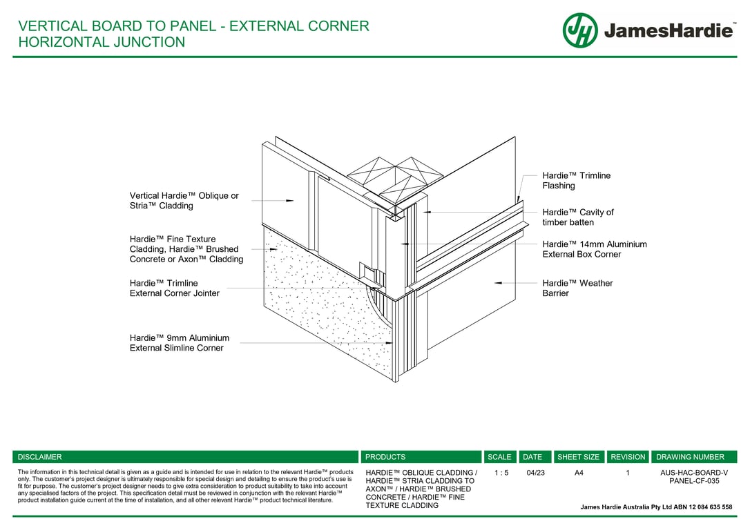 AUS-HAC-BOARD-V PANEL-CF-035 - VERTICAL BOARD TO PANEL - EXTERNAL CORNER HORIZONTAL JUNCTION