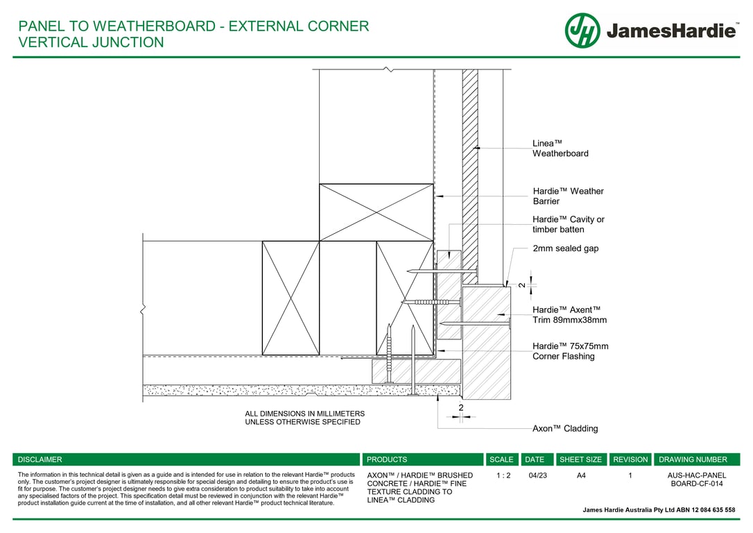 AUS-HAC-PANEL BOARD-CF-014 - PANEL TO WEATHERBOARD - EXTERNAL CORNER VERTICAL JUNCTION