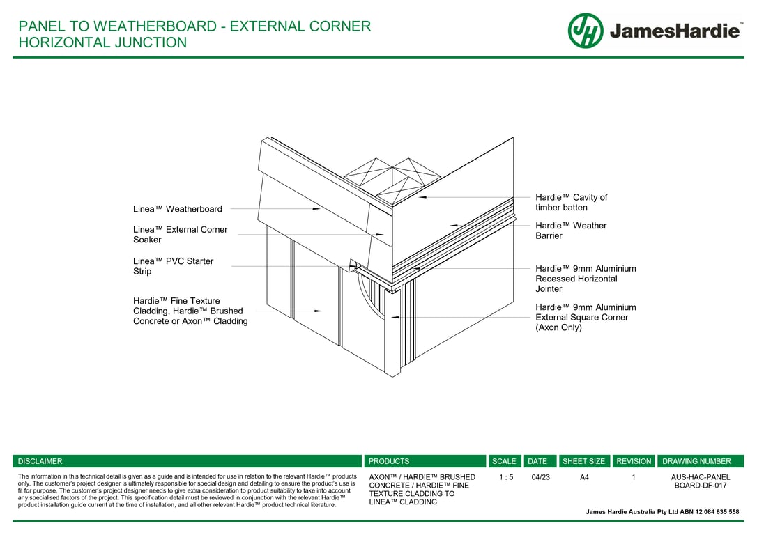 AUS-HAC-PANEL BOARD-DF-017 - PANEL TO WEATHERBOARD - EXTERNAL CORNER HORIZONTAL JUNCTION