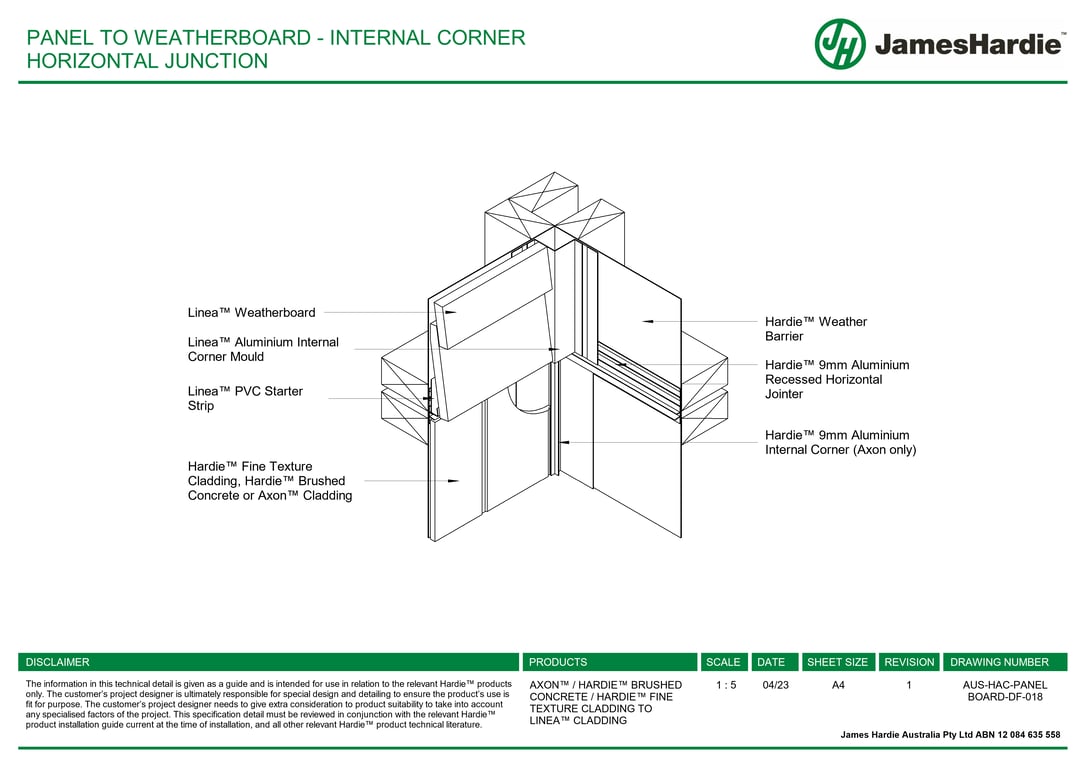 AUS-HAC-PANEL BOARD-DF-018 - PANEL TO WEATHERBOARD - INTERNAL CORNER HORIZONTAL JUNCTION