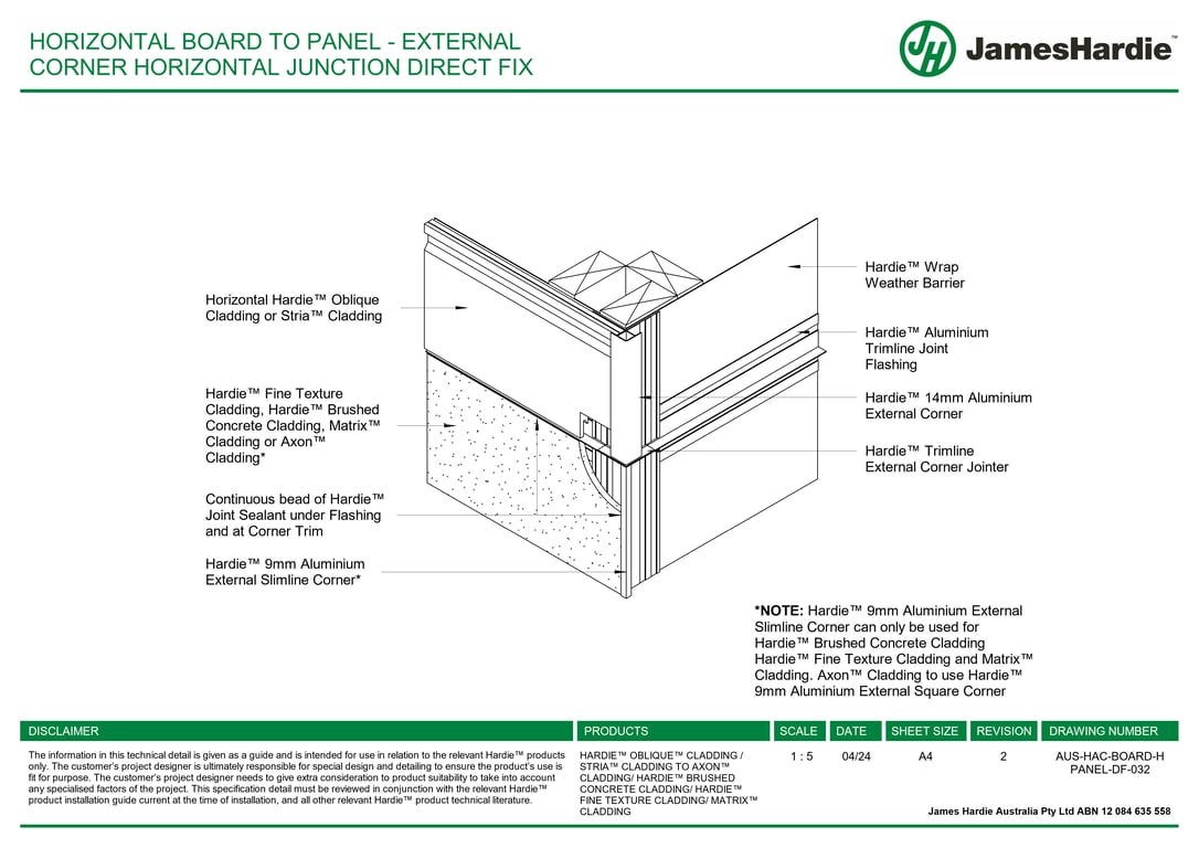 AUS-HAC-BOARD-H PANEL-DF-032 - HORIZONTAL BOARD TO PANEL - EXTERNAL CORNER HORIZONTAL JUNCTION DIRECT FIX