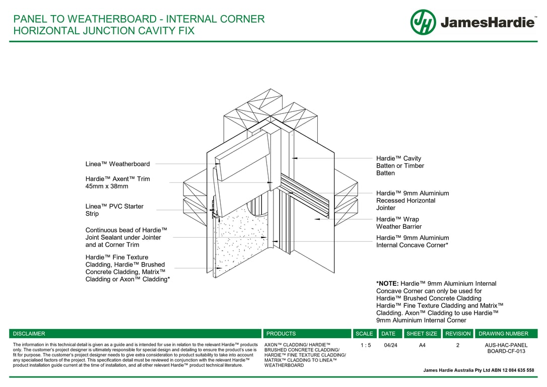  Image of AUS-HAC-PANEL BOARD-CF-013 - PANEL TO WEATHERBOARD - INTERNAL CORNER HORIZONTAL JUNCTION CAVITY FIX