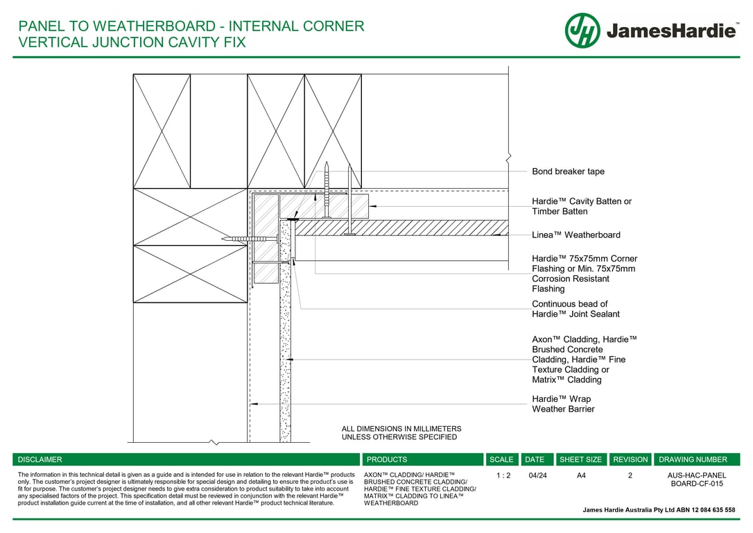 Navigate to AUS-HAC-PANEL BOARD-CF-015 - PANEL TO WEATHERBOARD - INTERNAL CORNER VERTICAL JUNCTION CAVITY FIX