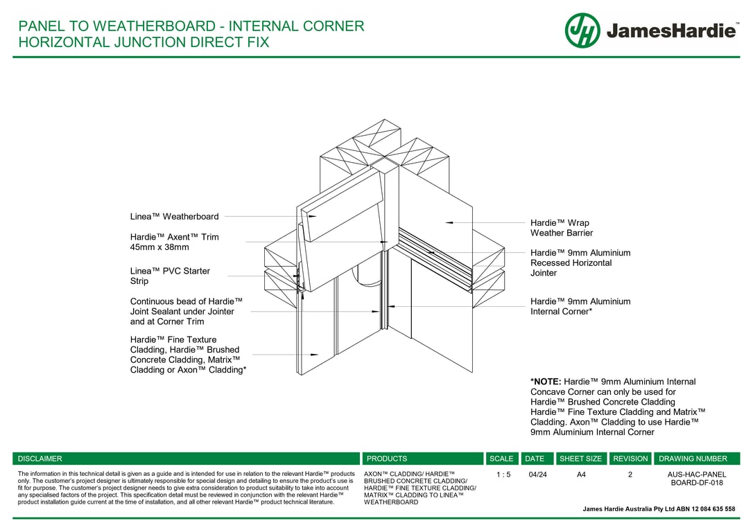 Navigate to AUS-HAC-PANEL BOARD-DF-018 - PANEL TO WEATHERBOARD - INTERNAL CORNER HORIZONTAL JUNCTION DIRECT FIX