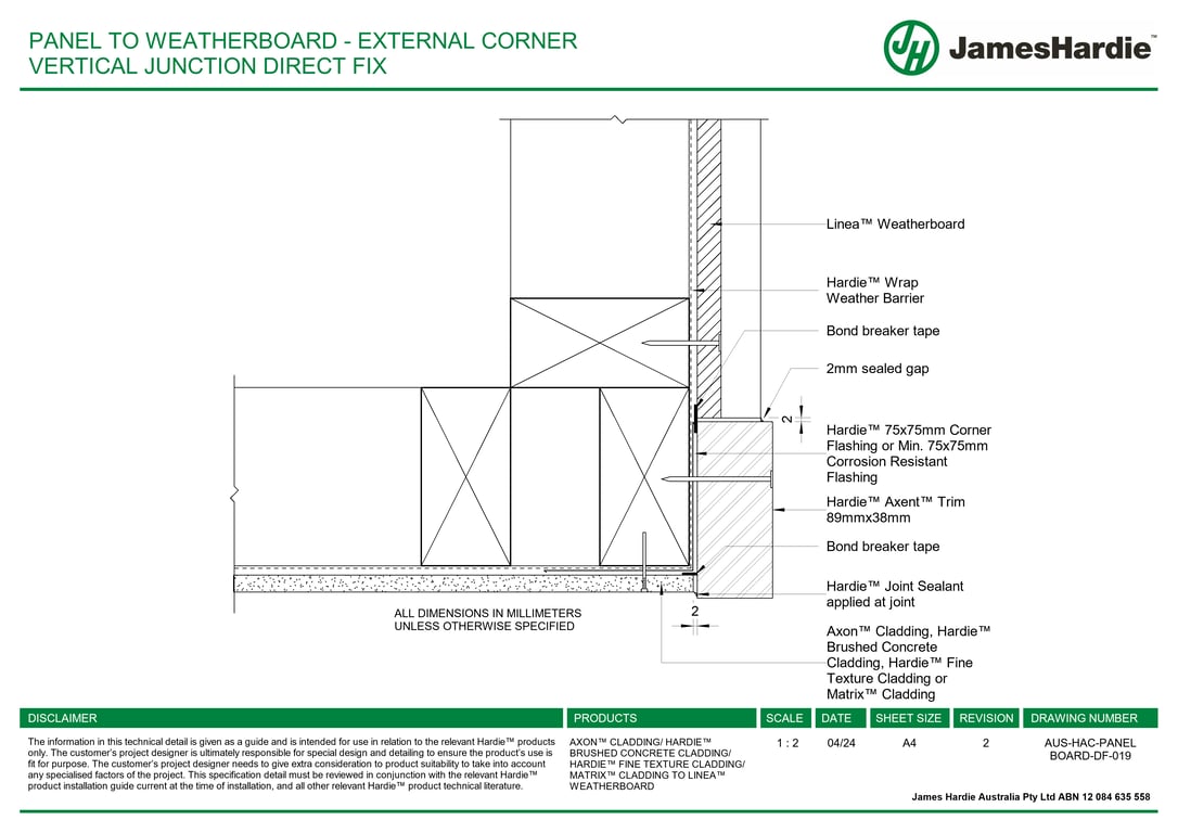 Navigate to AUS-HAC-PANEL BOARD-DF-019 - PANEL TO WEATHERBOARD - EXTERNAL CORNER VERTICAL JUNCTION DIRECT FIX