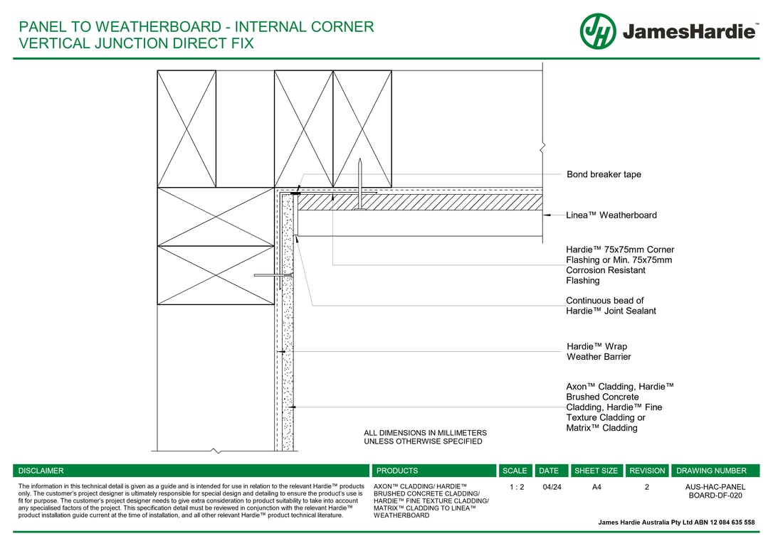 Navigate to AUS-HAC-PANEL BOARD-DF-020 - PANEL TO WEATHERBOARD - INTERNAL CORNER VERTICAL JUNCTION DIRECT FIX