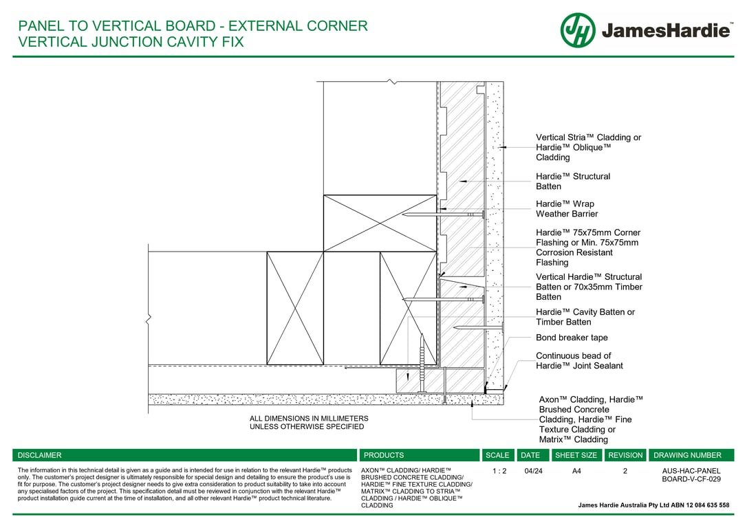 Image of AUS-HAC-PANEL BOARD-V-CF-029 - PANEL TO VERTICAL BOARD - EXTERNAL CORNER VERTICAL JUNCTION CAVITY FIX