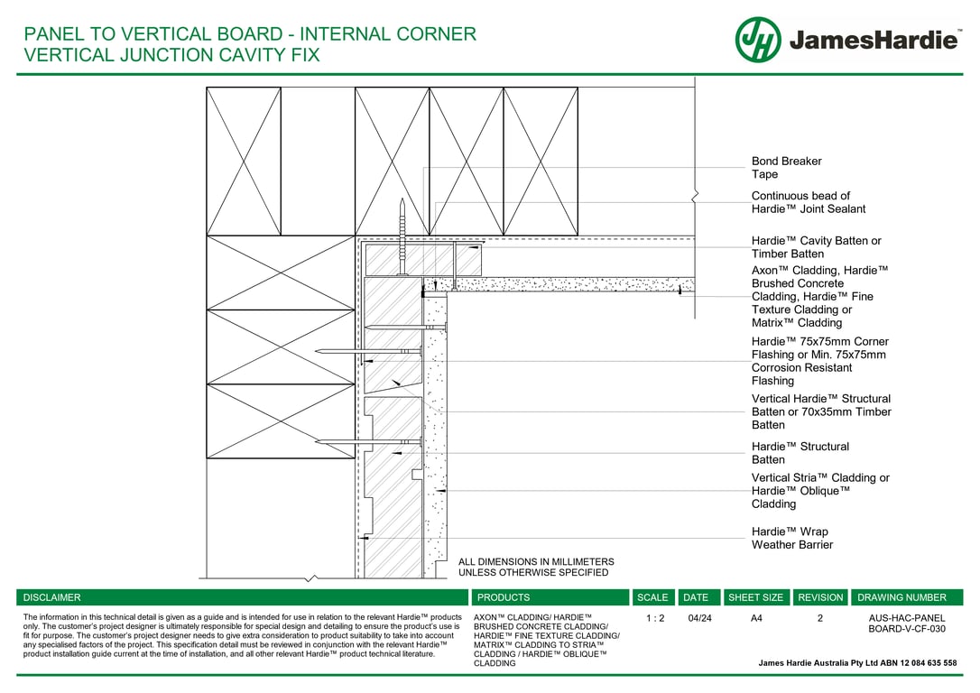 Navigate to AUS-HAC-PANEL BOARD-V-CF-030 - PANEL TO VERTICAL BOARD - INTERNAL CORNER VERTICAL JUNCTION CAVITY FIX