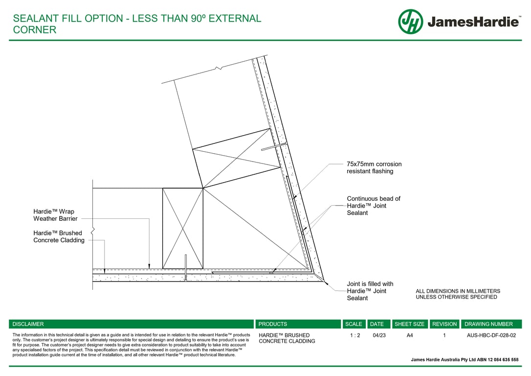 Navigate to AUS-HBC-DF-028-02 - SEALANT FILL OPTION - LESS THAN 90º EXTERNAL CORNER