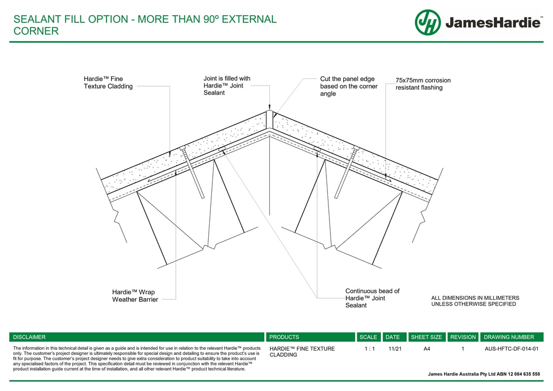  Image of AUS-HFTC-DF-014-01 - SEALANT FILL OPTION - MORE THAN 90º EXTERNAL CORNER