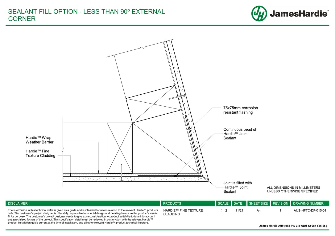Navigate to AUS-HFTC-DF-015-01 - SEALANT FILL OPTION - LESS THAN 90º EXTERNAL CORNER