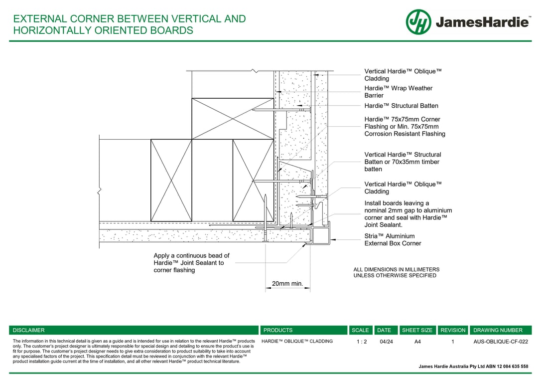 Navigate to AUS-OBLIQUE-CF-022 - EXTERNAL CORNER BETWEEN VERTICAL AND HORIZONTALLY ORIENTED BOARDS