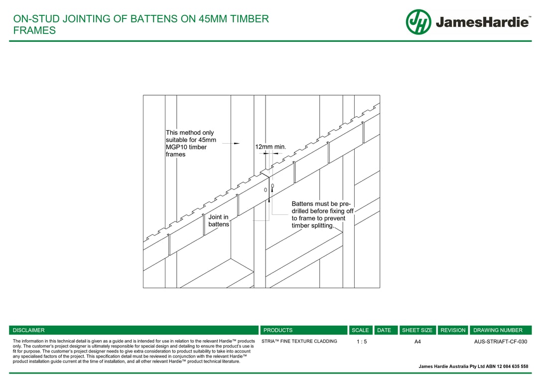  Image of AUS-STRIAFT-CF-030 - ON-STUD JOINTING OF BATTENS ON 45MM TIMBER FRAMES