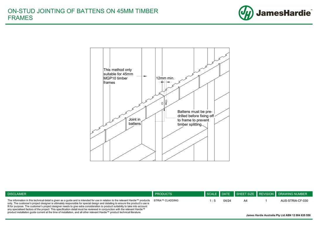 Navigate to AUS-STRIA-CF-030 - ON-STUD JOINTING OF BATTENS ON 45MM TIMBER FRAMES