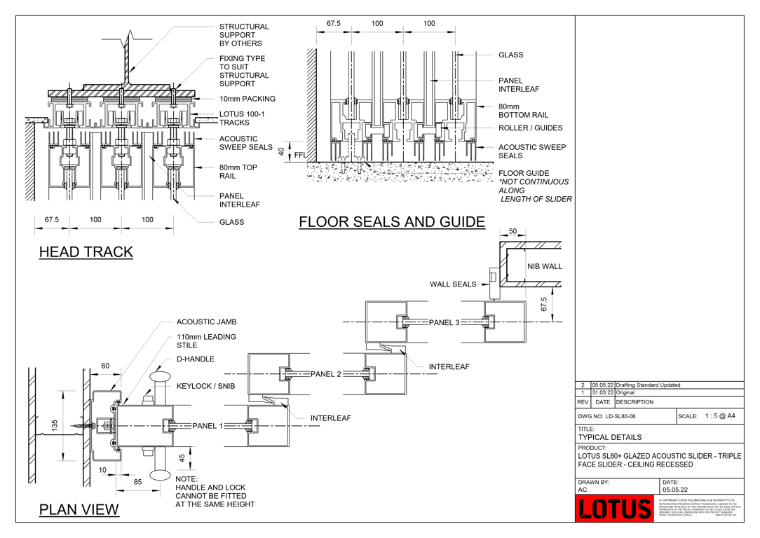  Image of LD-SL80-06 - LOTUS SL80+ GLAZED ACOUSTIC SLIDER - TRIPLE FACE SLIDER - CEILING RECESSED