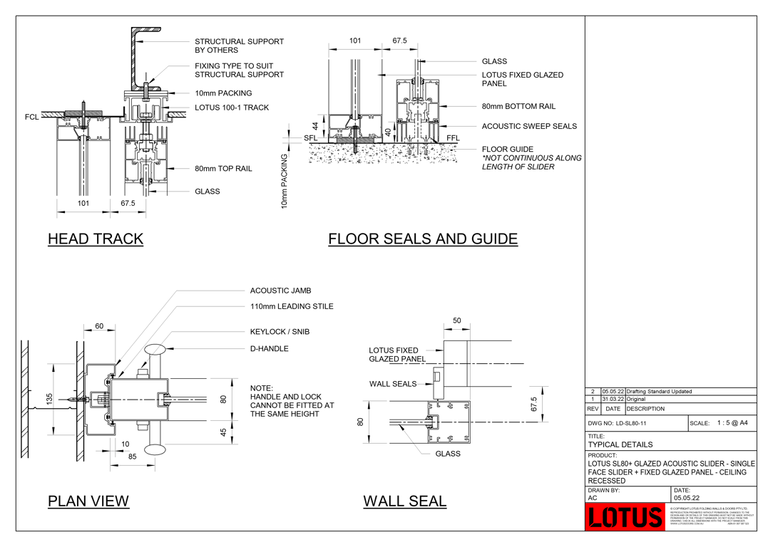  Image of LD-SL80-11 - LOTUS SL80+ GLAZED ACOUSTIC SLIDER - SINGLE FACE SLIDER + FIXED GLAZED PANEL - CEILING RECESSED