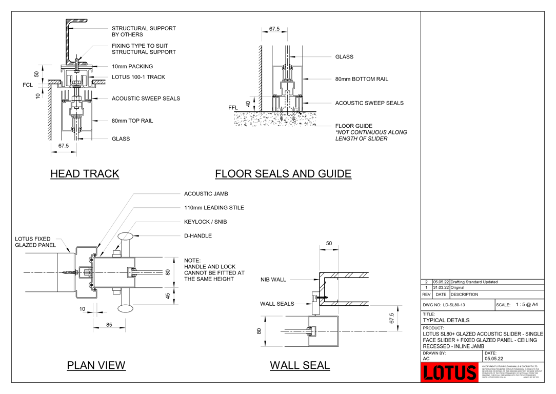 LD-SL80-13 - LOTUS SL80+ GLAZED ACOUSTIC SLIDER - SINGLE FACE SLIDER + FIXED GLAZED PANEL - CEILING RECESSED - INLINE JAMB