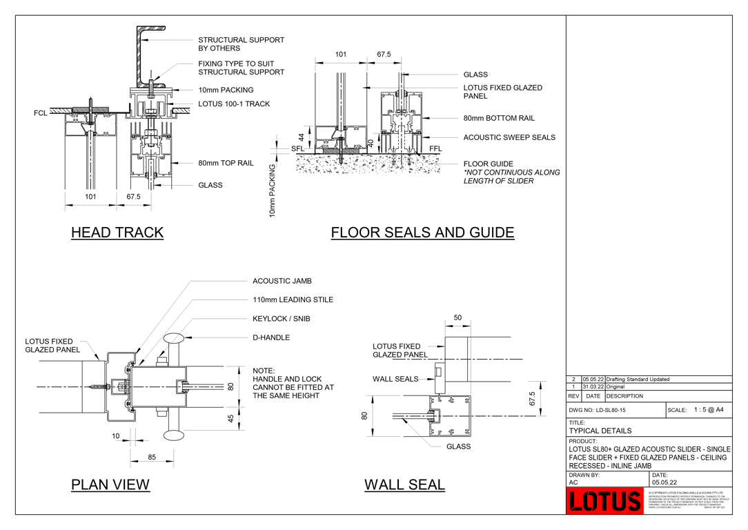 LD-SL80-15 - LOTUS SL80+ GLAZED ACOUSTIC SLIDER - SINGLE FACE SLIDER + FIXED GLAZED PANELS - CEILING RECESSED - INLINE JAMB