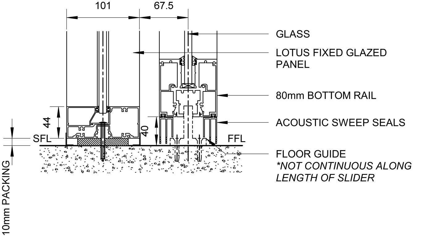 SL80+ - Bi-Parting Slider + Fixed Glazed Panels - Ceiling Recessed - Floor Seals And Guide