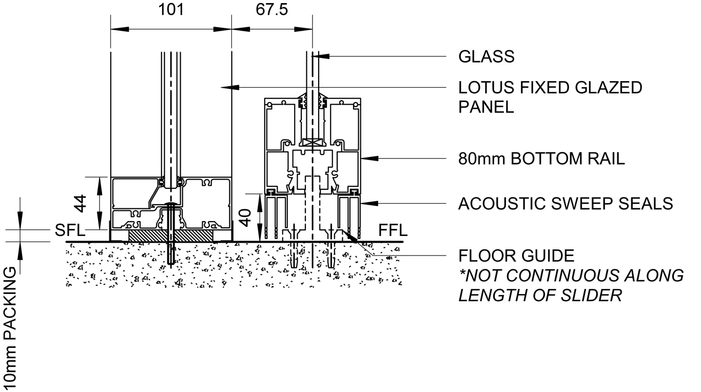 SL80+ - Single Face Slider + Fixed Glazed Panel - Ceiling Recessed - Floor Seals And Guide