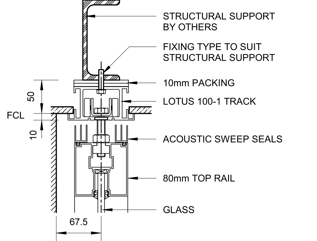 SL80+ - Single Face Slider + Fixed Glazed Panel - Ceiling Recessed - Inline Jamb - Head Track