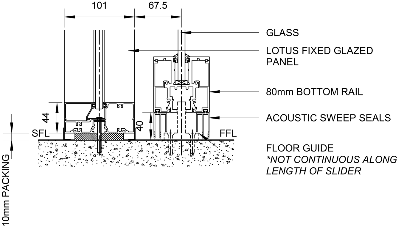  Image of SL80+ - Single Face Slider + Fixed Glazed Panel - Ceiling Recessed - Offset Jamb - Floor Seals And Guide