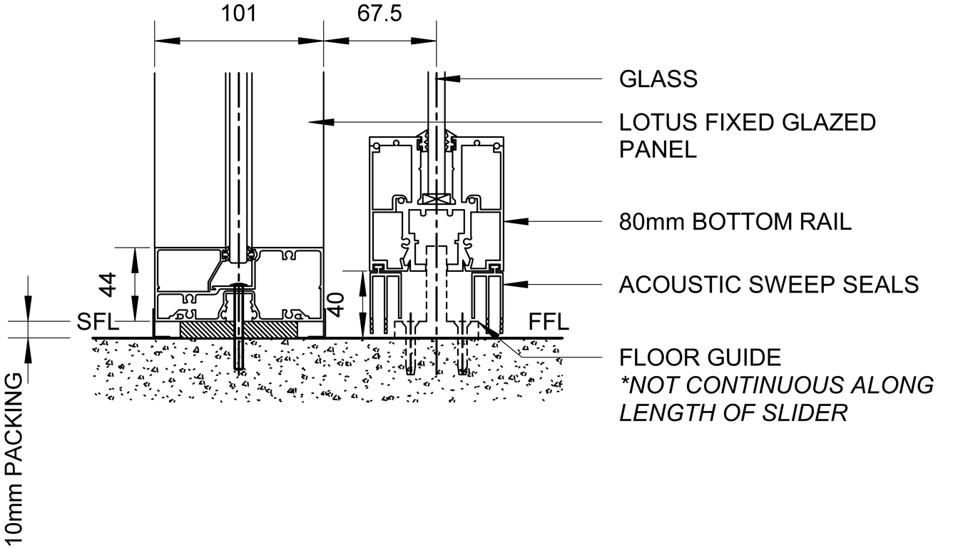  Image of SL80+ - Single Face Slider + Fixed Glazed Panels - Ceiling Recessed - Offset Jamb - Floor Seals And Guide