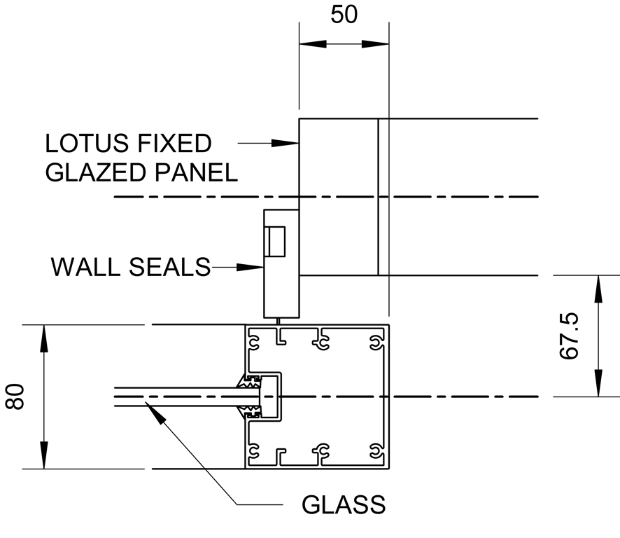 SL80+ - Single Face Slider + Fixed Glazed Panels - Ceiling Recessed - Offset Jamb - Wall Seal