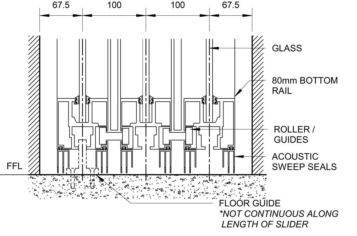 SL80+ - Triple Cavity Slider - Ceiling Recessed - Floor Seals And Guide