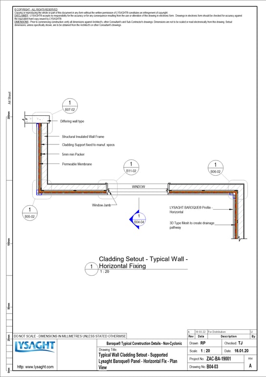 Navigate to B04-03 - Typical Wall Cladding Setout - Supported Lysaght Baroque® Panel - Horizontal Fix - Plan View