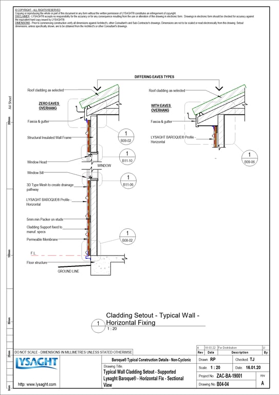 Navigate to B04-04 - Typical Wall Cladding Setout - Supported Lysaght Baroque® - Horizontal Fix - Sectional View