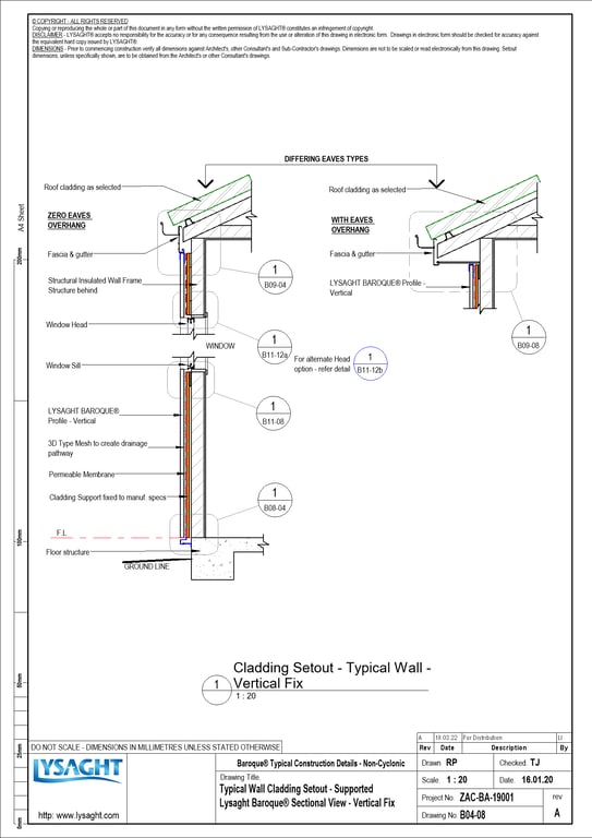 Navigate to B04-08 - Typical Wall Cladding Setout - Supported Lysaght Baroque® Sectional View - Vertical Fix