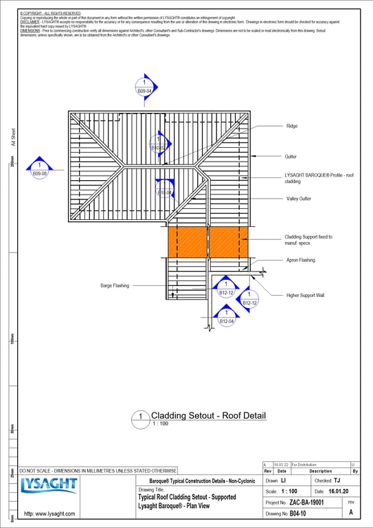 Navigate to B04-10 - Typical Roof Cladding Setout - Supported Lysaght Baroque® - Plan View