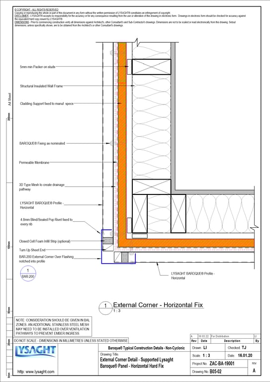 Navigate to B05-02 - External Corner Detail - Supported Lysaght Baroque® Panel - Horizontal Hard Fix
