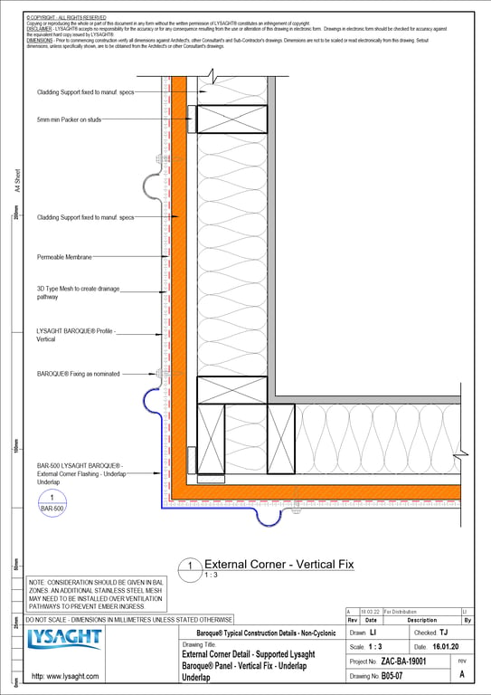 B05-07 - External Corner Detail - Supported Lysaght Baroque® Panel - Vertical Fix - Underlap Underlap