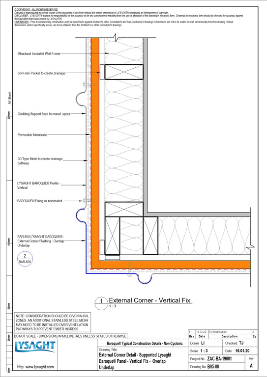  Image of B05-08 - External Corner Detail - Supported Lysaght Baroque® Panel - Vertical Fix -  Overlap Underlap