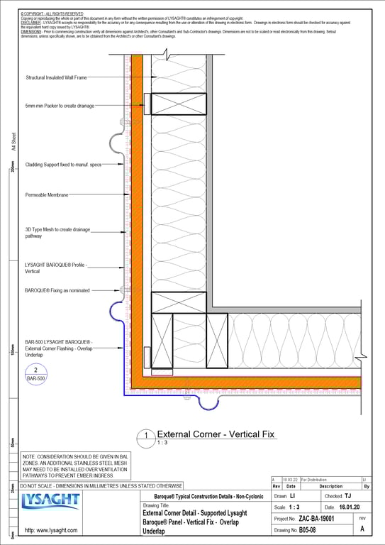 Navigate to B05-08 - External Corner Detail - Supported Lysaght Baroque® Panel - Vertical Fix -  Overlap Underlap