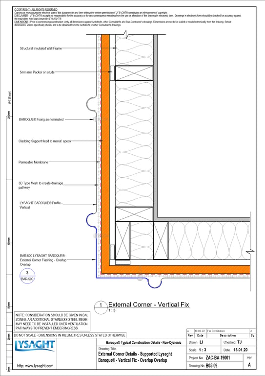 B05-09 - External Corner Details - Supported Lysaght Baroque® - Vertical Fix - Overlap Overlap